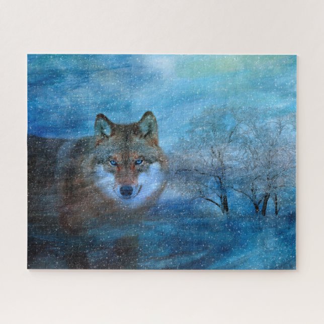 Blue Wolf Winter Forest Wildlife Painting (Horizontal)