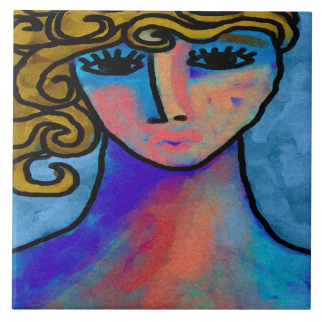 Blue Woman Abstrakt Digital Painting Fliese (Vorderseite)