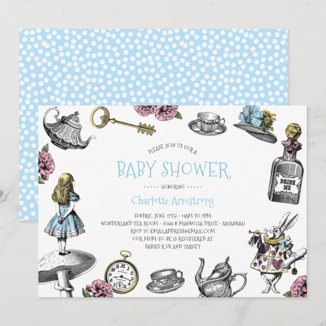 Blue Wonderland Baby Dusche mit Polka Dots Einladung (Vorne/Hinten)