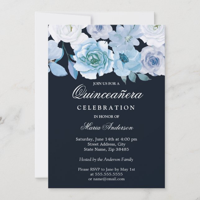 Blue Wonderland Grau Floral Quinceanera Party Einladung (Vorderseite)