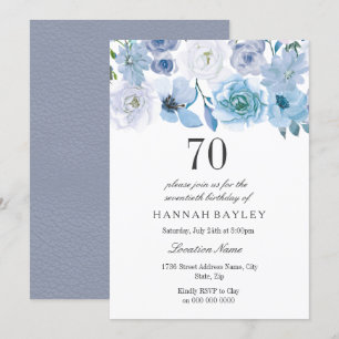Blue Wonderland Gray Blume 70. Geburtstag Einladun Einladung