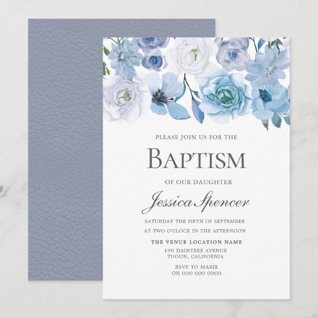 Blue Wonderland Grey Flower Baptism Invitation (Devant / Derrière)