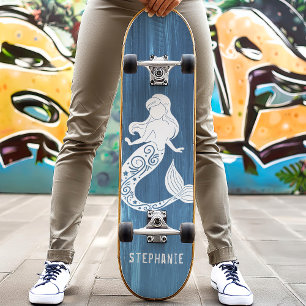 Blue Wood Beach Mermaid Individuelle Name Skateboard