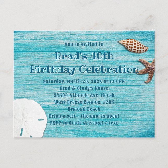 Blue Wood Beach Muscheln Party Einladung Postkarte (Vorderseite)