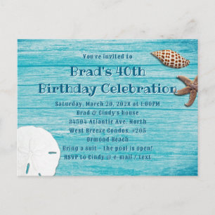 Blue Wood Beach Shells Party Invitation Carte post