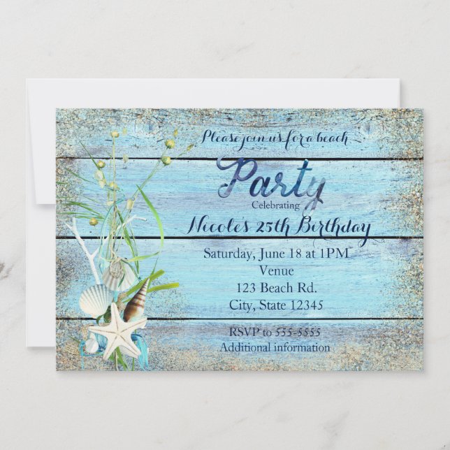 Blue Wood Beach Tropical Birthday Party Invitation (Devant)