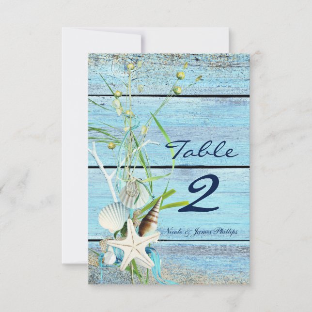Blue Wood Beach Tropical Wedding Tischnummer Card (Vorderseite)