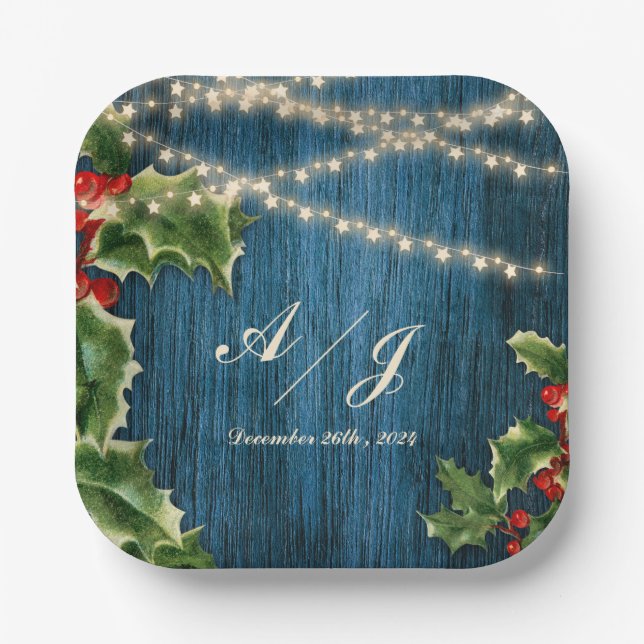 Blue Wood Berries Weihnachtsfeier Pappteller (Vorderseite)