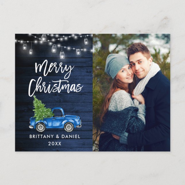 Blue Wood Brush Script Truck Lights Weihnachten Postkarte (Vorderseite)
