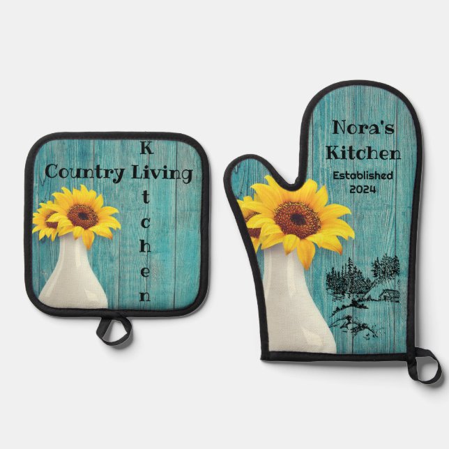 Blue Wood Daisy Ofenhandschuh & Topflappen-Set (Vorderseite)