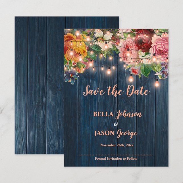 Blue Wood Floral Lights Wedding Save The Date Ankündigungspostkarte (Vorne/Hinten)