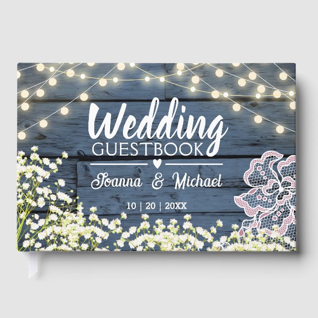 Blue Wood Gipskraut Lights & Lace Wedding Gästebuch (Vorderseite)