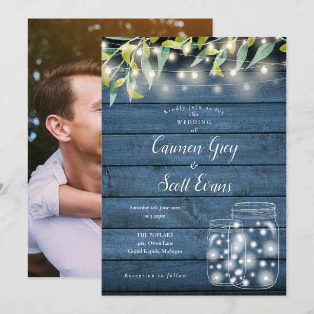 Blue Wood Greenery Mason Jar Lights Foto Wedding Einladung (Vorne/Hinten)