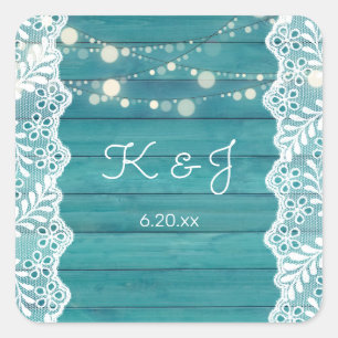 Blue Wood Jean Lace & String Lights Monogram Quadratischer Aufkleber
