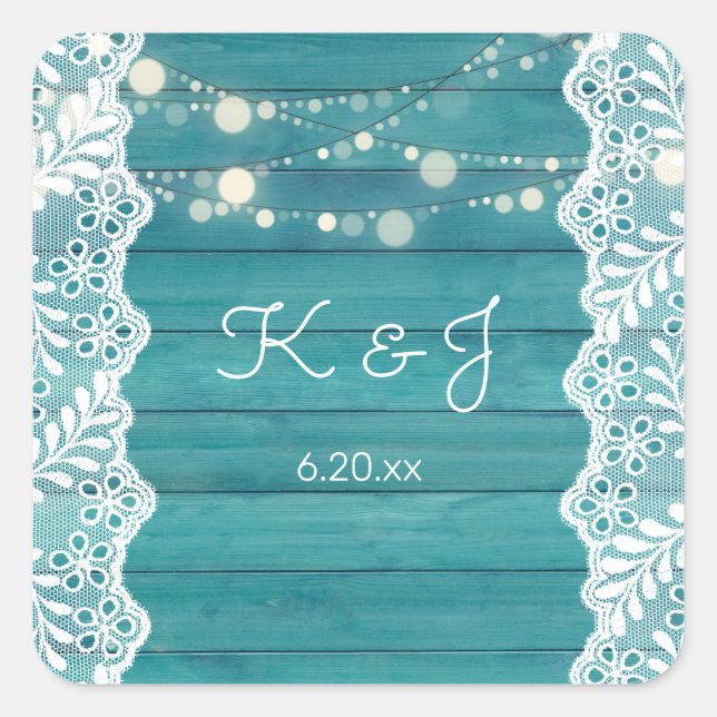 Blue Wood Jean Lace & String Lights Monogram Quadratischer Aufkleber (Vorderseite)