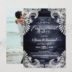 Blue Wood Lace Custom Foto Engagement Party Einladung