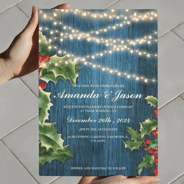 Blue Wood Light Berry Weihnachtsfeier Einladung (Blue Wood Light Berry Christmas wedding Invitation)