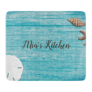 Blue Wood Seashells Custom Wording Schneidebrett