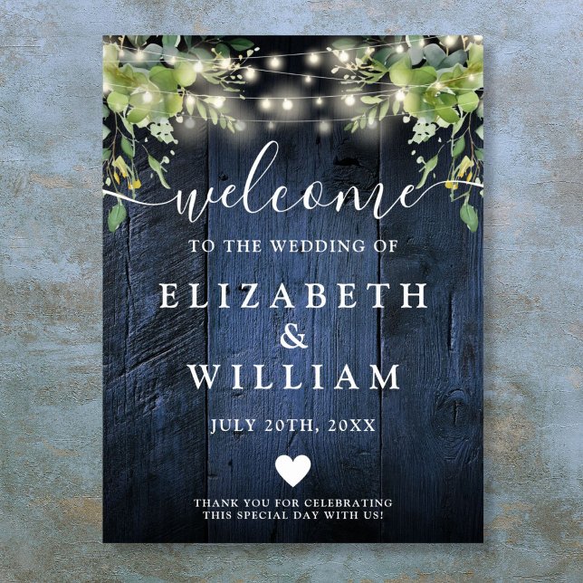 Blue Wood String Lights Begrüßungszeichen Poster (Blue Wood String Lights Wedding Welcome Sign)