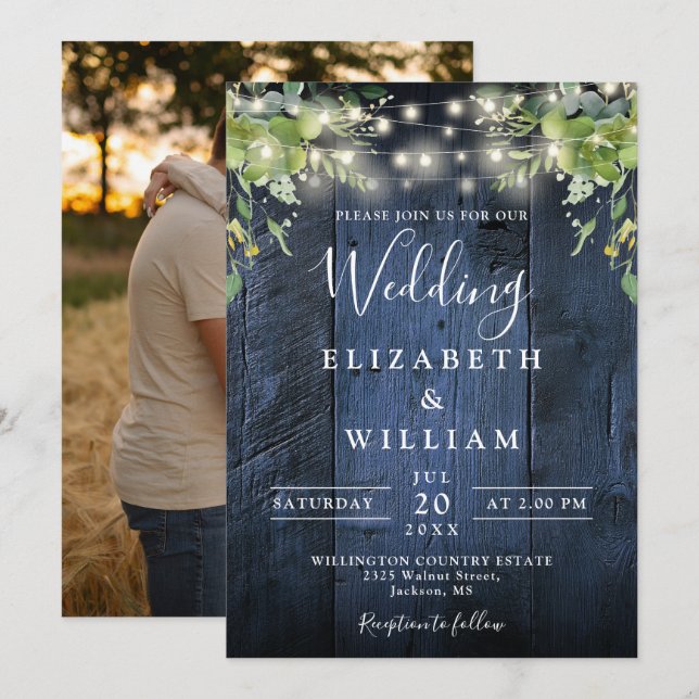 Blue Wood String Lights Greenerity Foto Wedding Einladung (Vorne/Hinten)