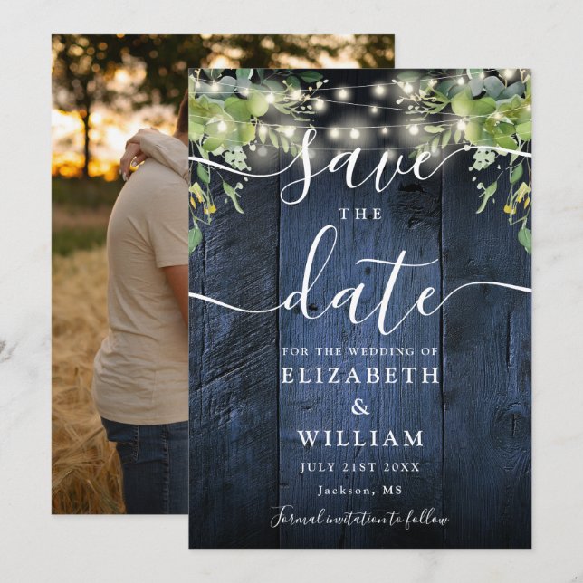 Blue Wood String Lights Greenerity Foto Wedding Save The Date (Vorne/Hinten)