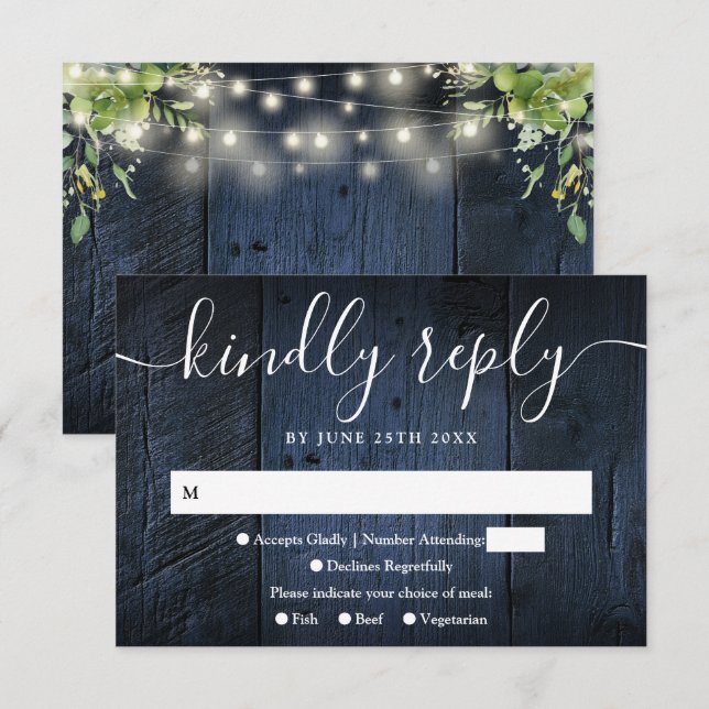 Blue Wood String Lights Greenery Boho Wedding RSVP Karte (Vorne/Hinten)