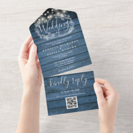 Blue Wood String Lights QR Code Floral Wedding All In One Einladung