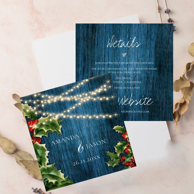 Blue Wood String Lights Weihnachtszeit Details Begleitkarte (Blue Wood String Lights Christmas Wedding Details Enclosure Card)