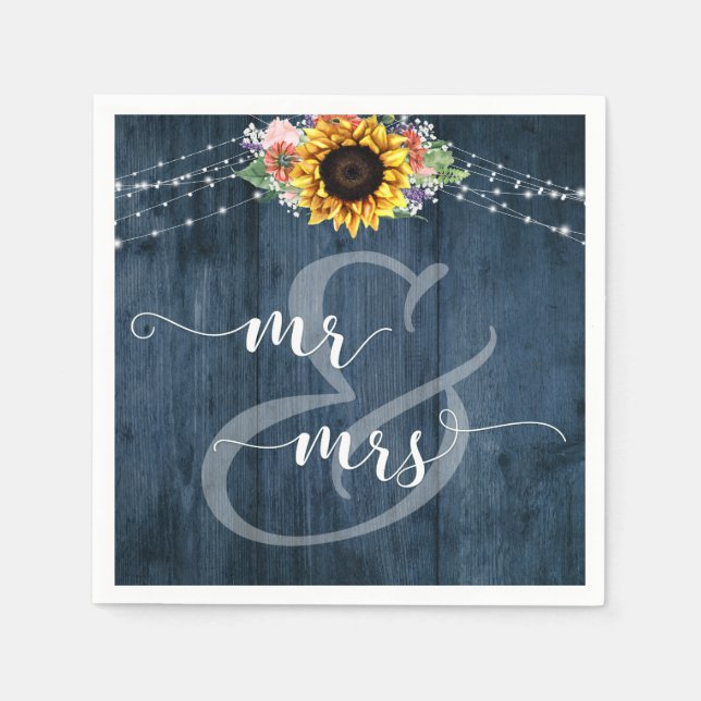 Blue Wood Sunflower Lights Mr. und Mrs. Serviette (Vorderseite)