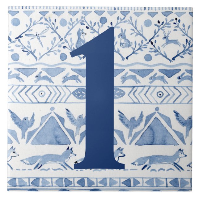 Blue Woodland Animal Ikat House Anschrift Nr. 1 Fliese (Vorderseite)