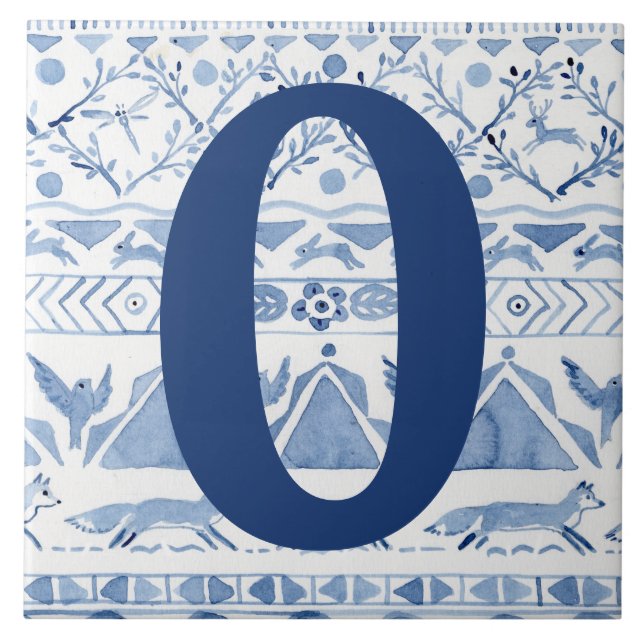 Blue Woodland Animal Ikat House Anschrift Nummer 0 Fliese (Vorderseite)