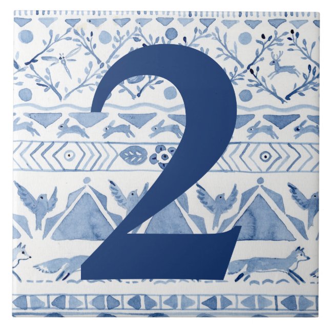 Blue Woodland Animal Ikat House Anschrift Nummer 2 Fliese (Vorderseite)