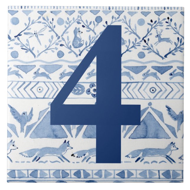Blue Woodland Animal Ikat House Anschrift Nummer 4 Fliese (Vorderseite)