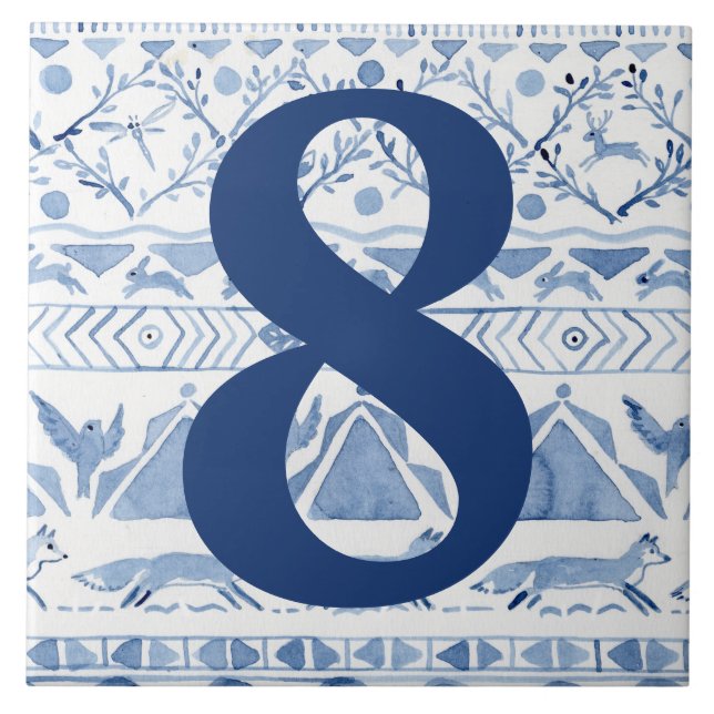 Blue Woodland Animal Ikat House Anschrift Nummer 8 Fliese (Vorderseite)