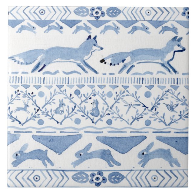 Blue Woodland Animal Ikat Pattern Fox Version 3 Fliese (Vorderseite)