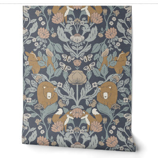 Blue Woodland Block Print Damask Tapete