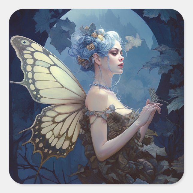 Blue Woodland Faiasy Fantasy Art Quadratischer Aufkleber (Vorderseite)