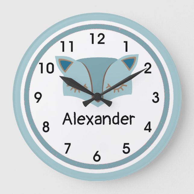 Blue Woodland Fox Face Acrylic Wall Clock Große Wanduhr (Vorderseite)