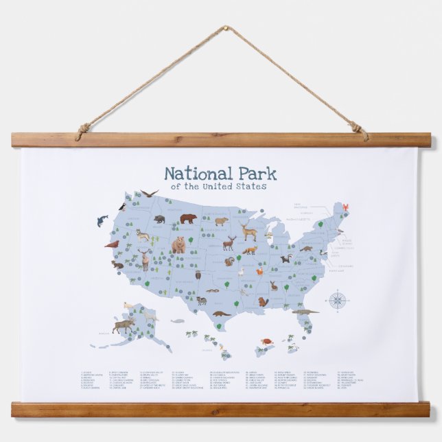 Blue Woodland National Parks Map Kinderzimmer Deko Wandteppich Mit Holzrahmen (Vorne)