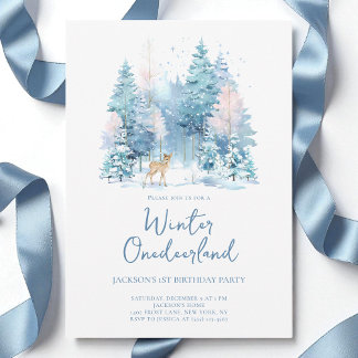 Blue Woodland Winter Onederland 1. Geburtstag Part Einladung