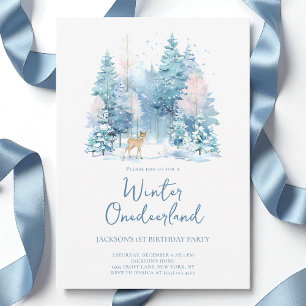 Blue Woodland Winter Onederland 1. Geburtstagsfeie Einladung