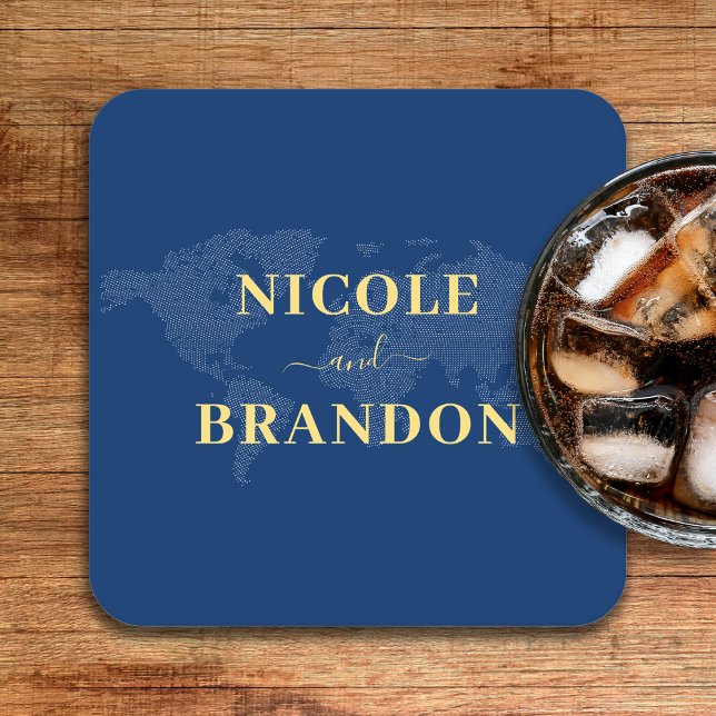 Blue World Map Hochzeit in Urlaubsort Rechteckiger Pappuntersetzer (Blue World Map Destination Wedding Square Paper Coaster
)
