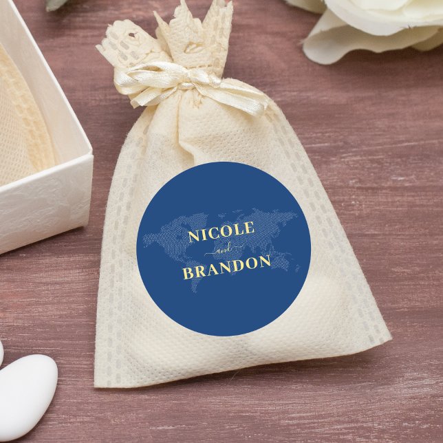 Blue World Map Hochzeit in Urlaubsort Runder Aufkleber (Blue World Map Destination Wedding Classic Round Sticker)