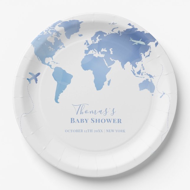 Blue World Map Reiseerlebnis Baby Dusche Pappteller (Vorderseite)