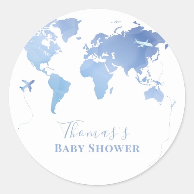 Blue World Map Reiseerlebnis Baby Dusche Runder Aufkleber (Vorderseite)