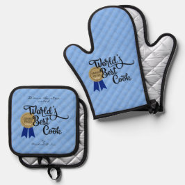 Blue World's Best Cook Award Quilted Look Ofenhandschuh & Topflappen-Set
