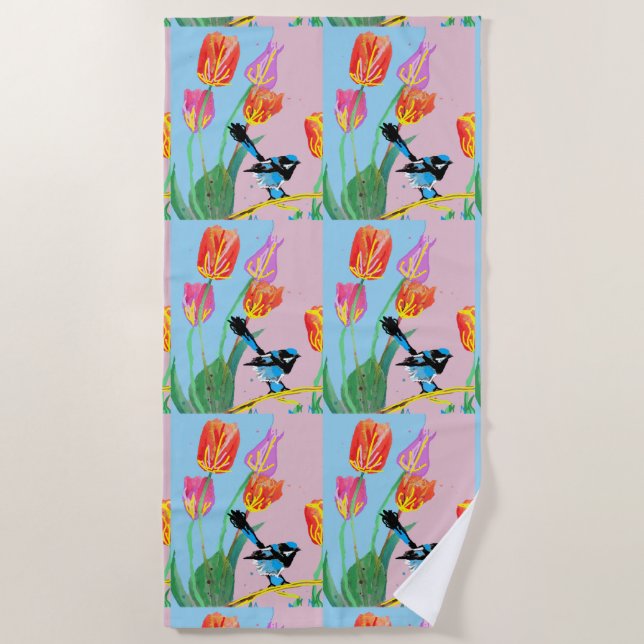 Blue Wren Bird Pink und Blue Blumen Strandtuch (Vorderseite)