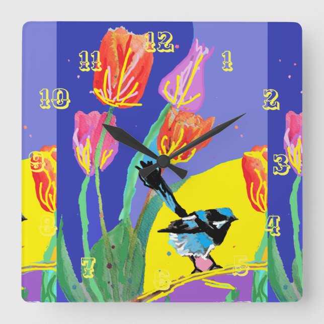 Blue Wren Watercolor Bird Kinderspielraum Uhr (Vorderseite)