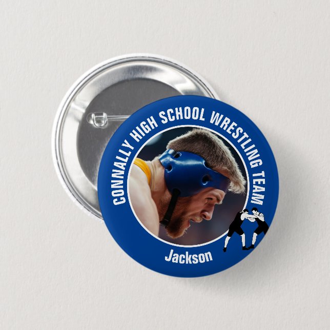 Blue Wrestling Team Photo High School Wrestler Button (Vorne & Hinten)