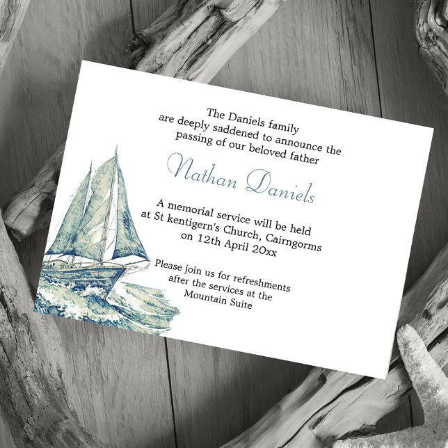 Blue Yacht Funerity Announcement Card Einladung (Von Creator hochgeladen)
